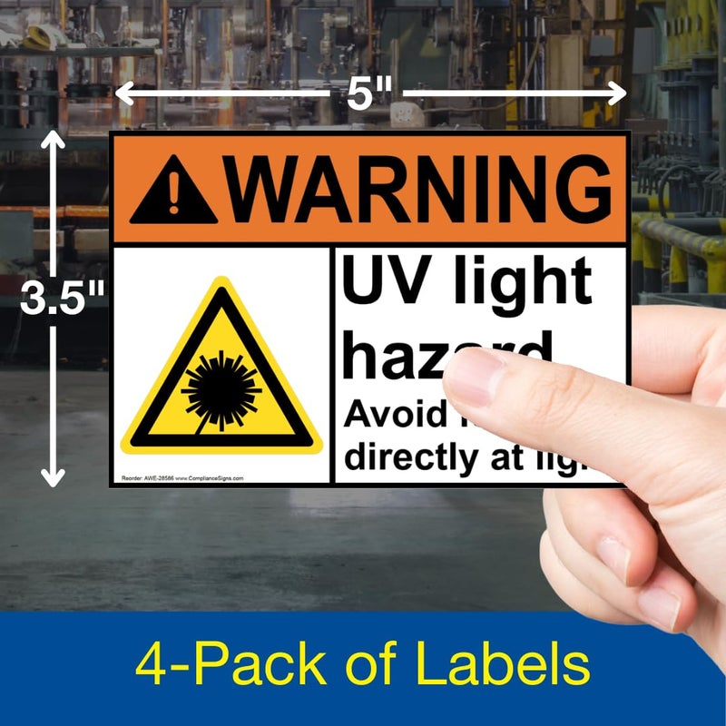 ComplianceSigns.com Warning UV Light Hazard Avoid Looking Directly at Light ANSI Safety Label Decal, 5x3.5 in. Vinyl 4-Pack for Process Hazards - Image 2